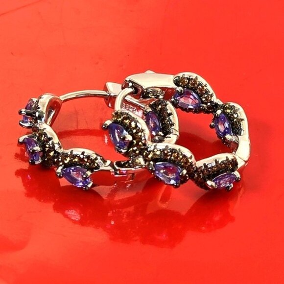 925 Sterling Silver Hoop Earrings with Natural Tanzanite & Sapphire Gems - Picture 2 of 7
